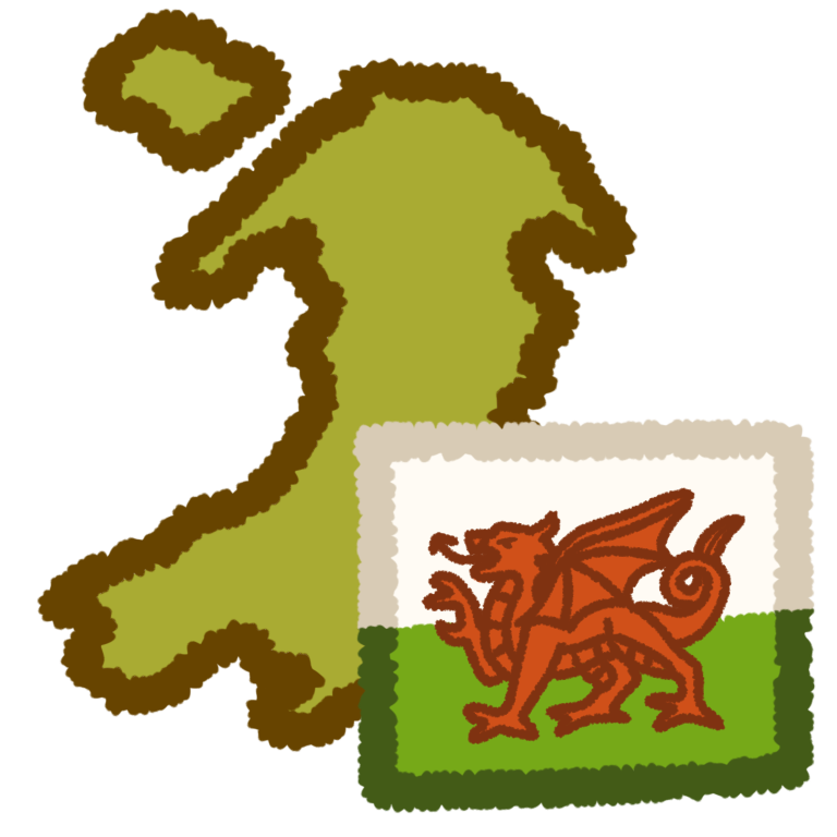 a green shape of the country of Wales, with the Welsh flag
